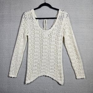 Venus Womens Small Cream Crochet Open Weave Long Sleeve Festival Sweater Boho